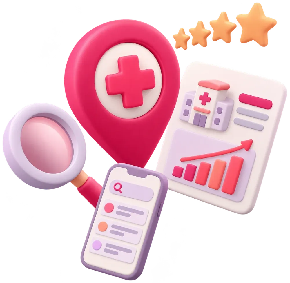 Ilustración de marketing sanitario: ubicación, reseñas y posicionamiento en Google